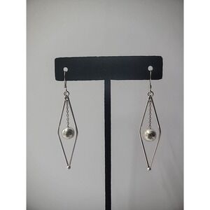 Vintage Sterling Silver 925 Earrings Drop Dangle Marquise Shape Ball Fine Metal